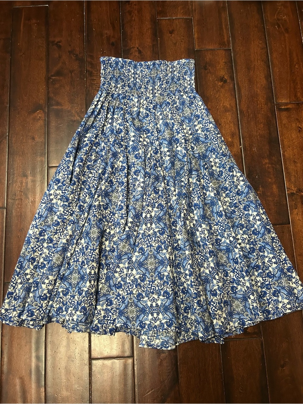 Philosophy - Blue and White Printed Smocked-Waist Midi Skirt - Cotton